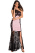 Black Lace Splice Pink One Shoulder Maxi Evening Dress